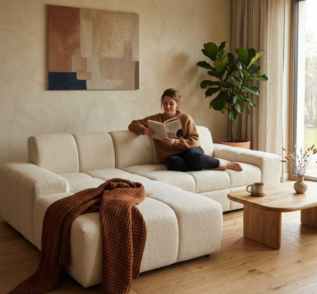 Narożnik w tkaninie Bouclé. Poznaj luksusowy model Madagaskar